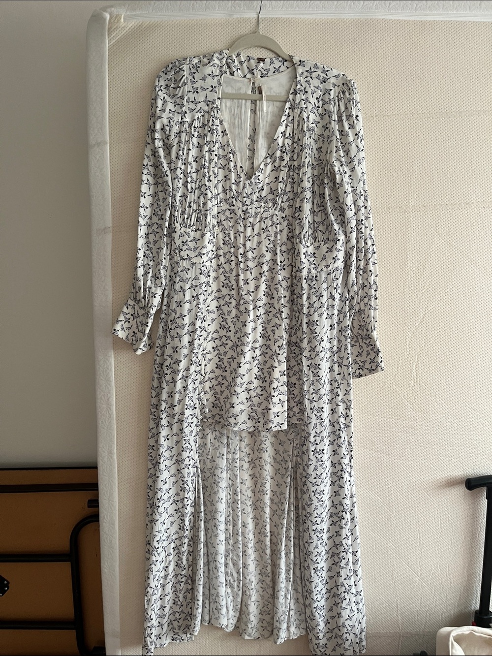 Free People White Dress with Navy bird Print.